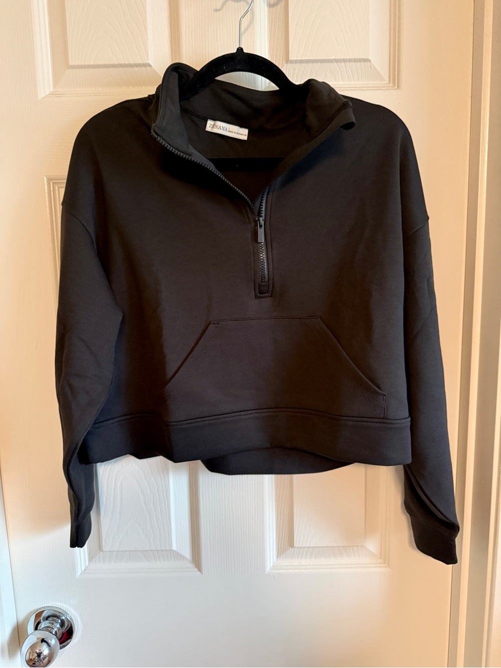 Zenana Half-Zip Black Crop Scuba Pullover